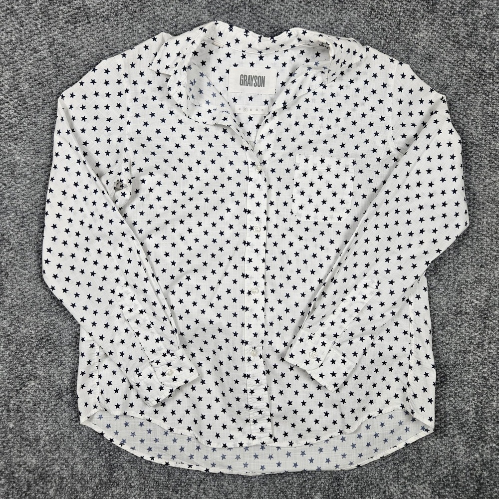 Grayson Womens Size‎ 02 White Star Print The Hero Cotton Button Up Shirt Blouse